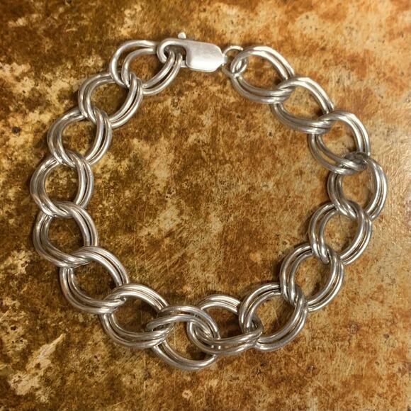Sterling Silver Double Link Bracelet Vintage - Picture 1 of 9